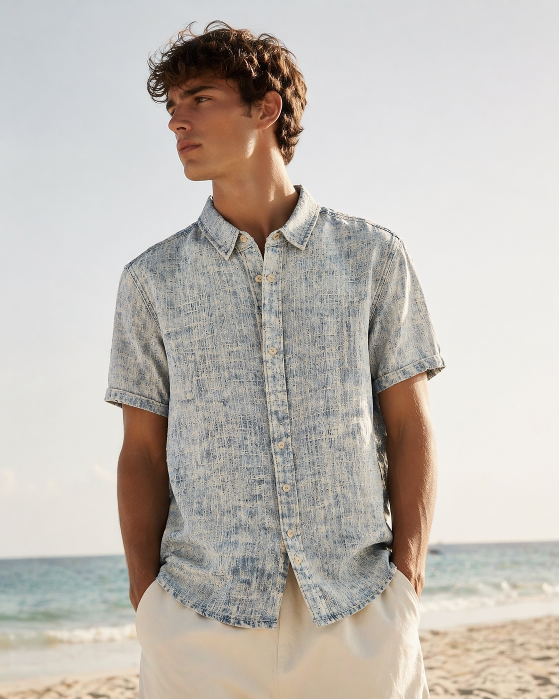 Chemise Courte Denim Washed 001A Bleu