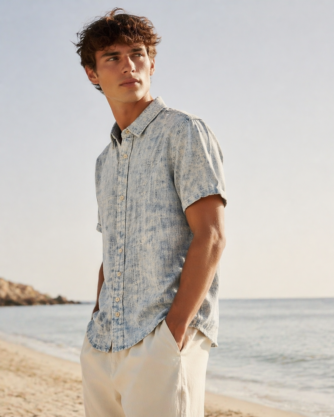 Chemise Courte Denim Washed 001A Bleu