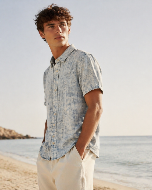 Chemise Courte Denim Washed 001A Bleu
