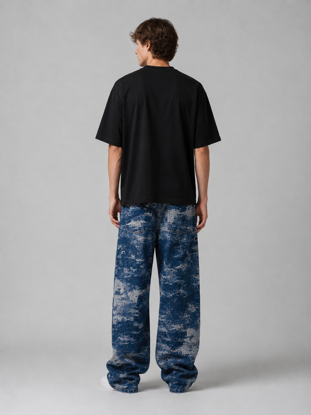Jean taille haute délavé coupe large 044B Bleu