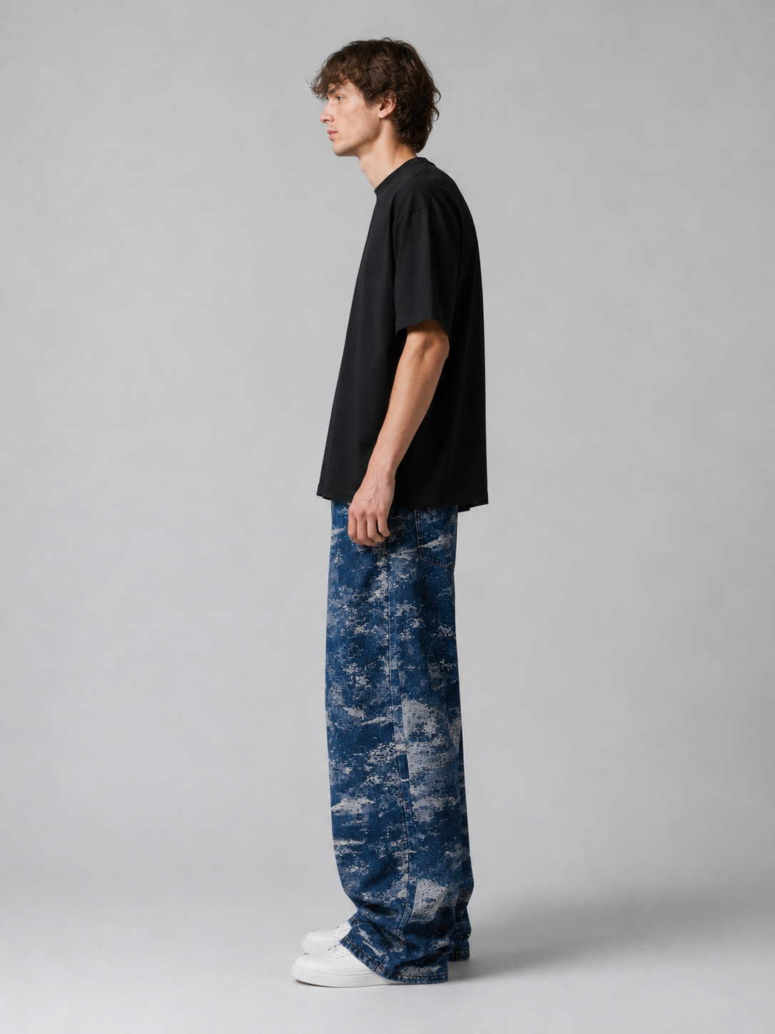 Jean taille haute délavé coupe large 044B Bleu