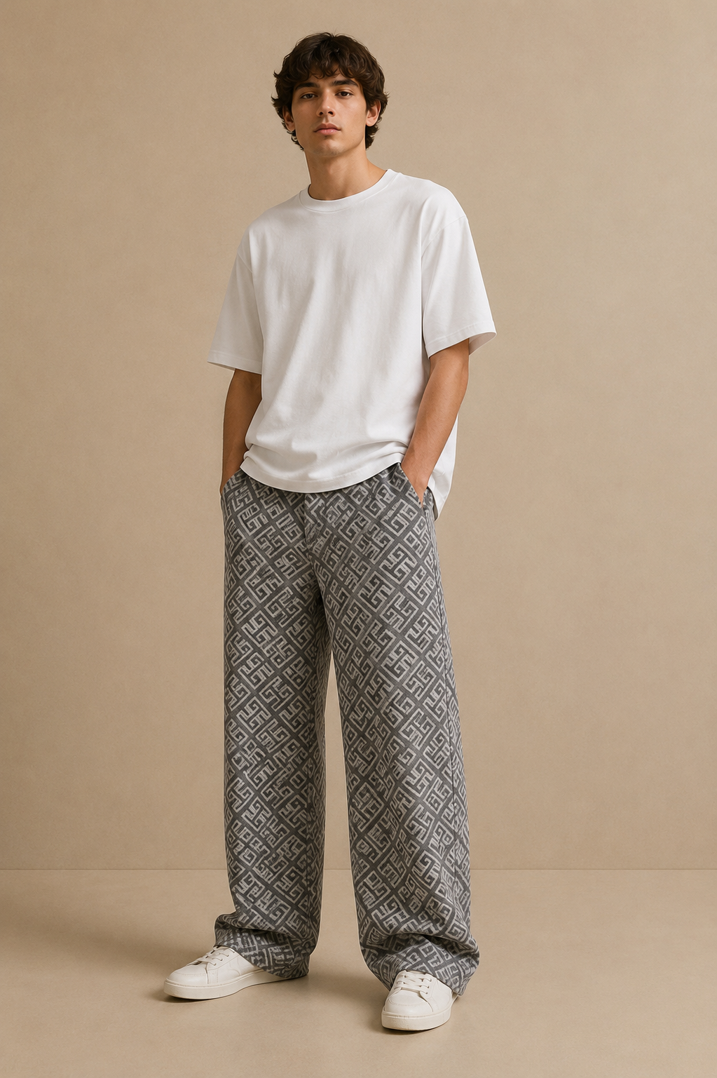 Jean droit à motif géométrique 047B Gris