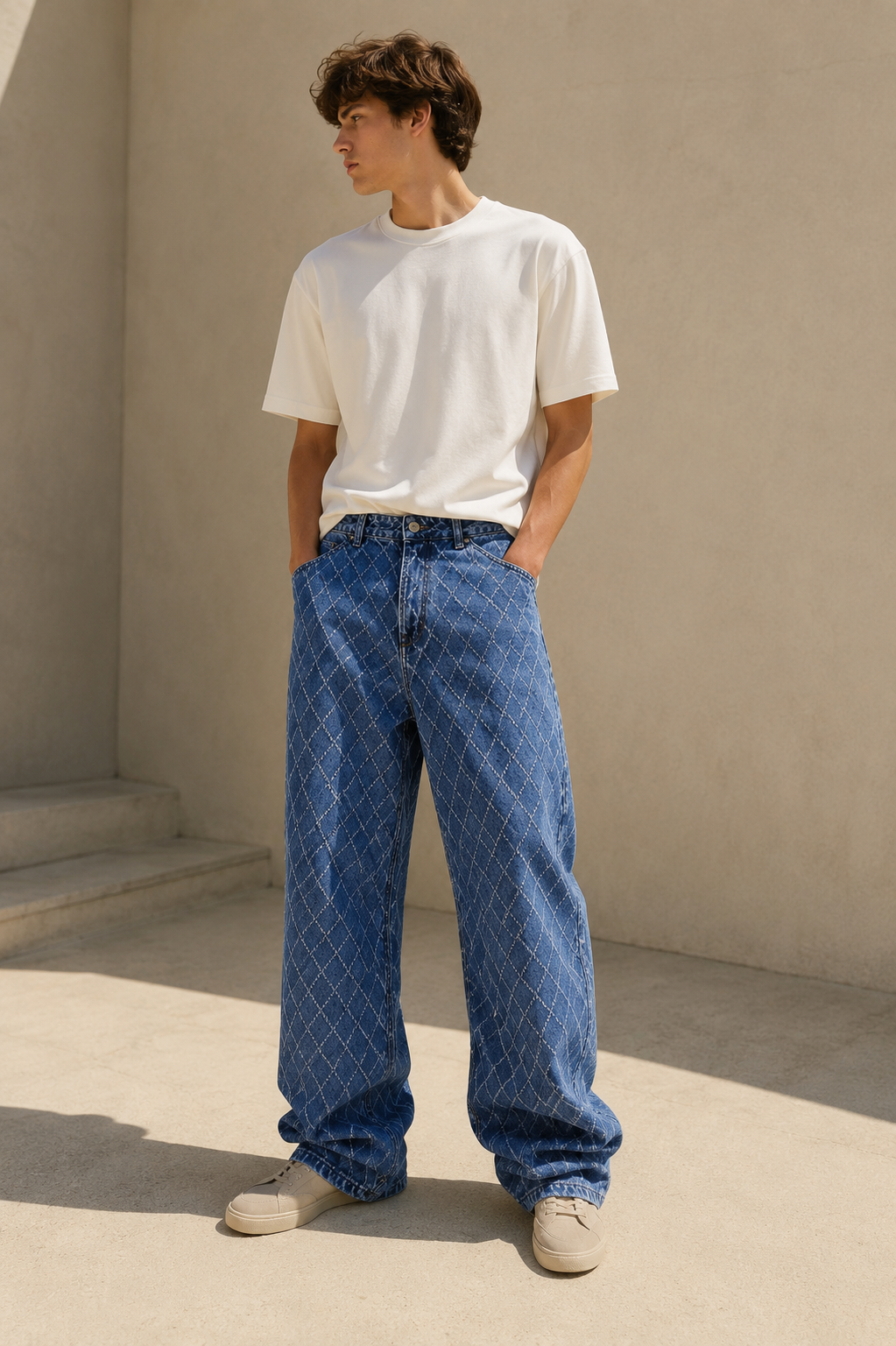 Jean large losanges matelassé 054B Bleu