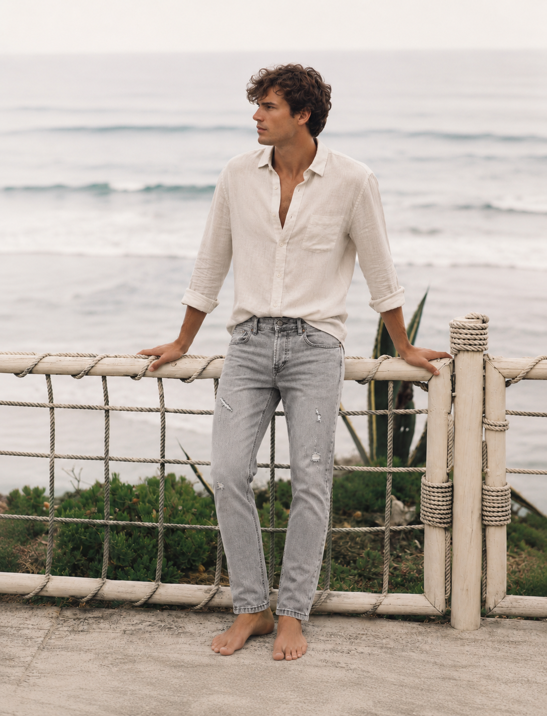 S5002 Jeans slim gris légèrement déchiré