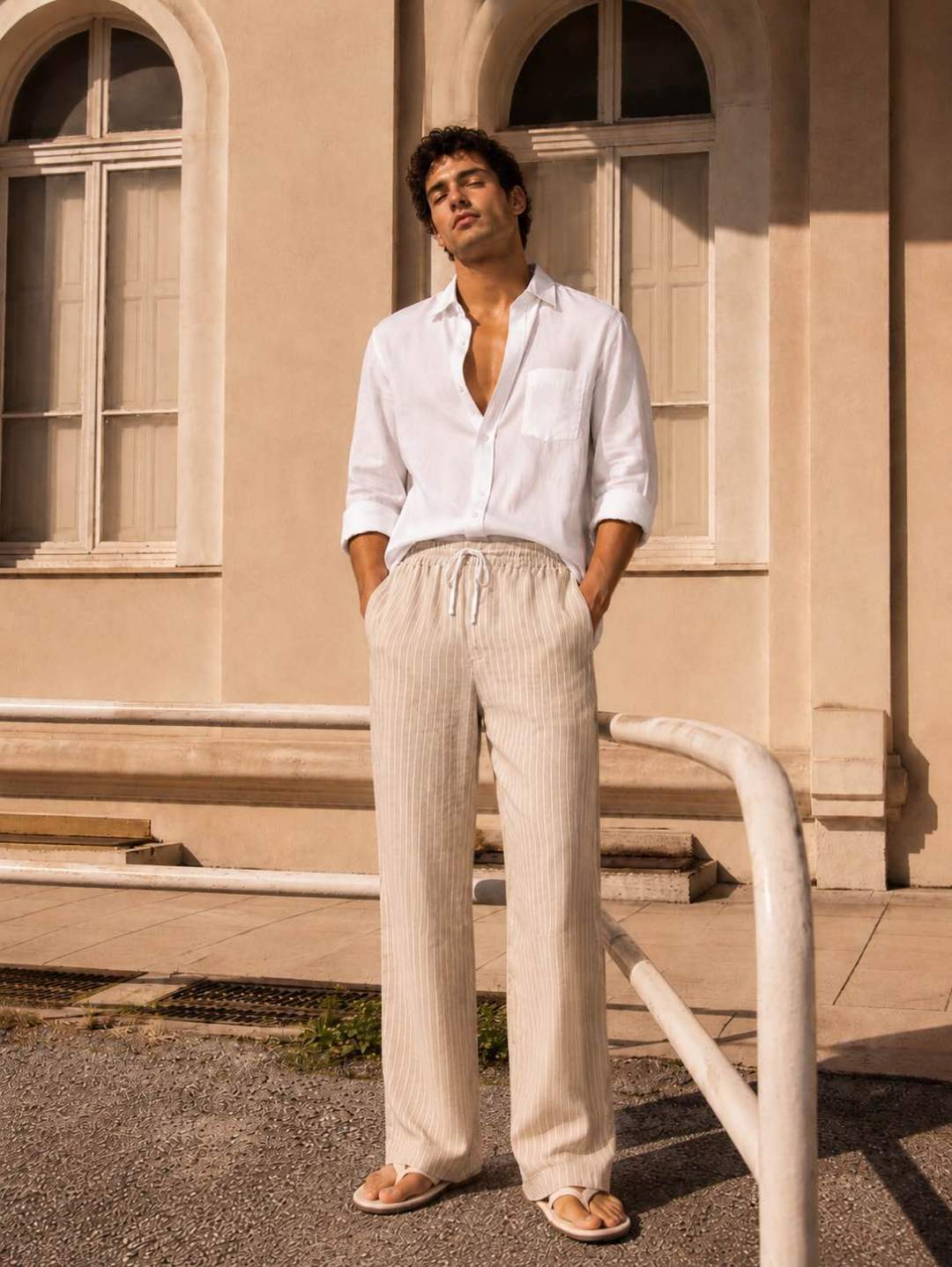 Pantalon Rayé Taille Élastique 20265-4 Beige
