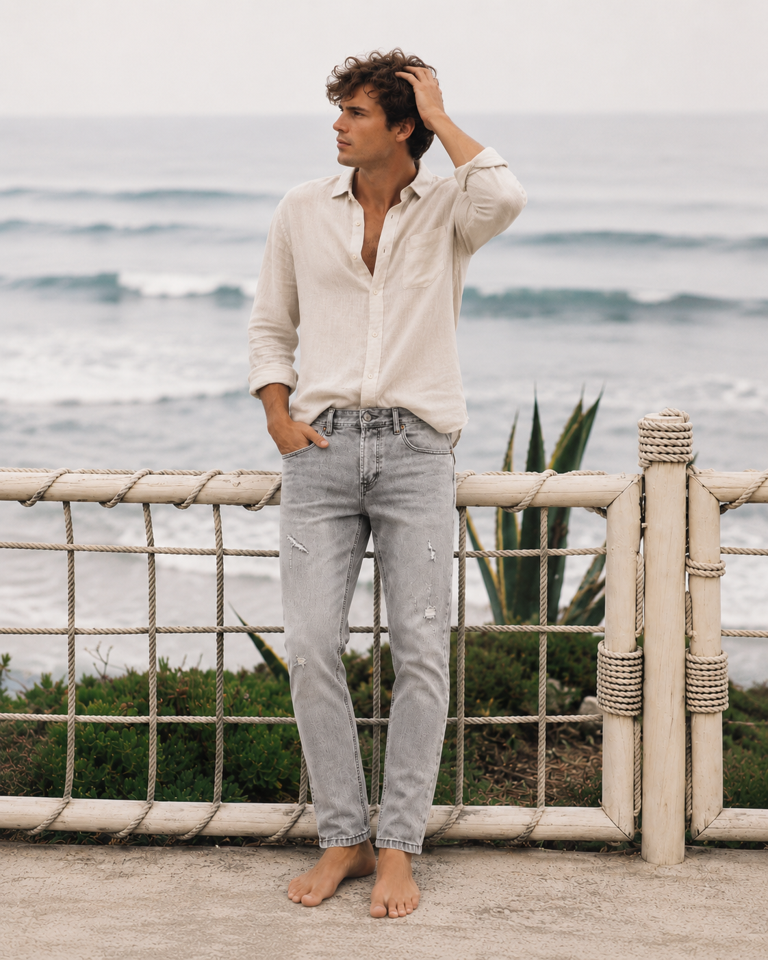 S5002 Jeans slim gris légèrement déchiré