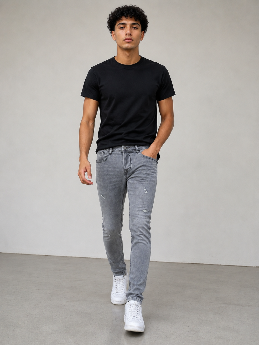 S5002 Jeans slim gris légèrement déchiré