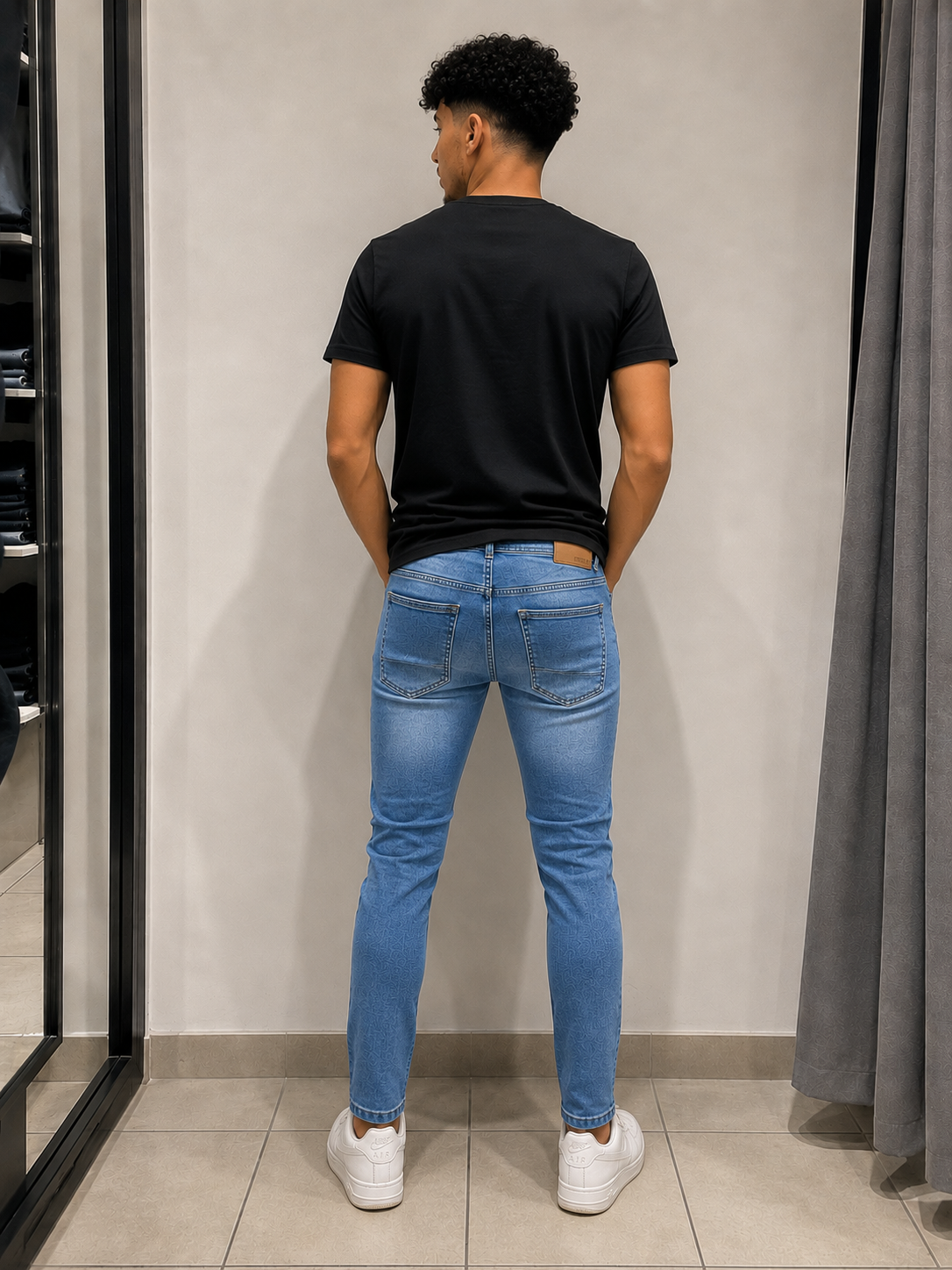 S5004 Jeans slim bleu légèrement déchiré