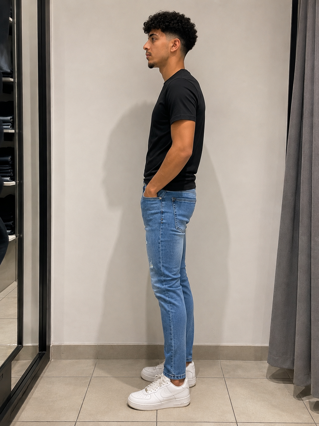 S5004 Jeans slim bleu légèrement déchiré