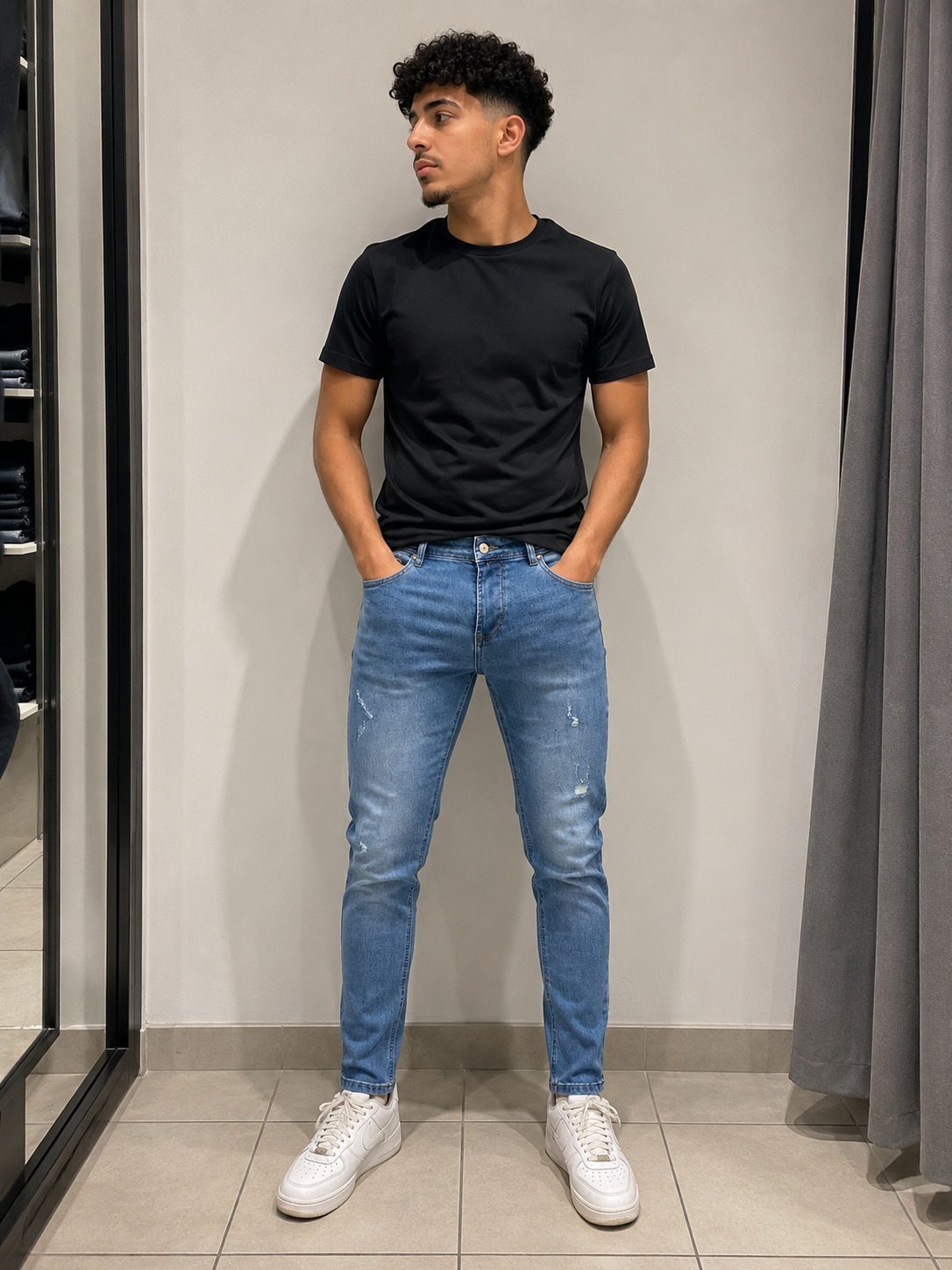 S5004 Jeans slim bleu légèrement déchiré