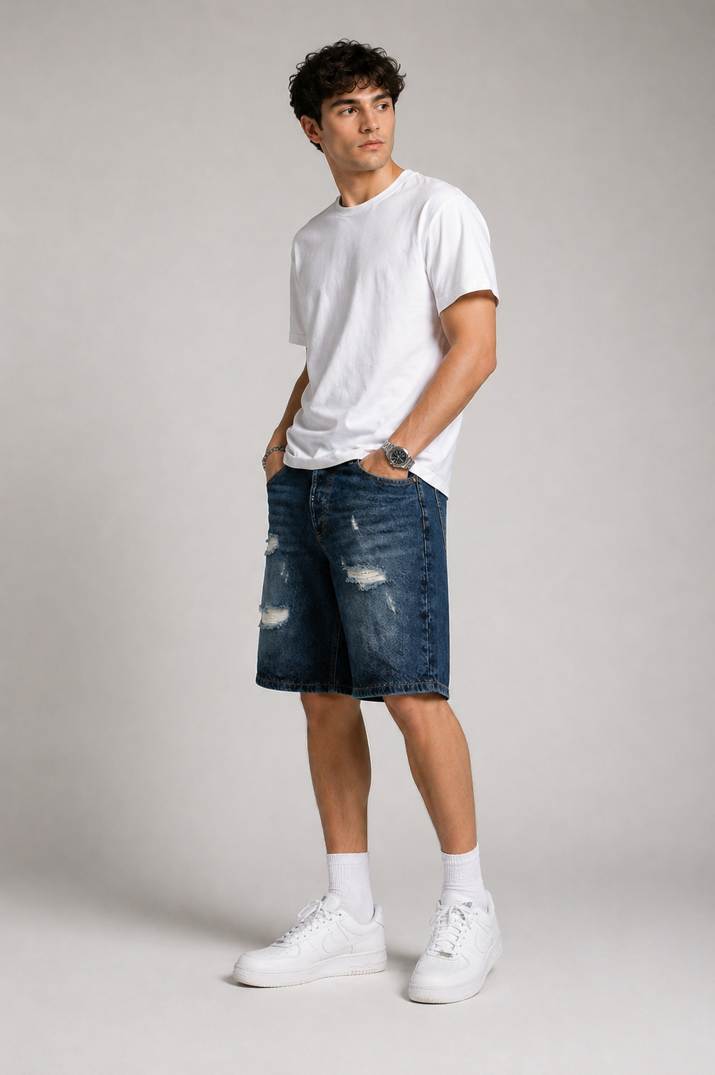 Short denim délavé et destroy SH100B Marine