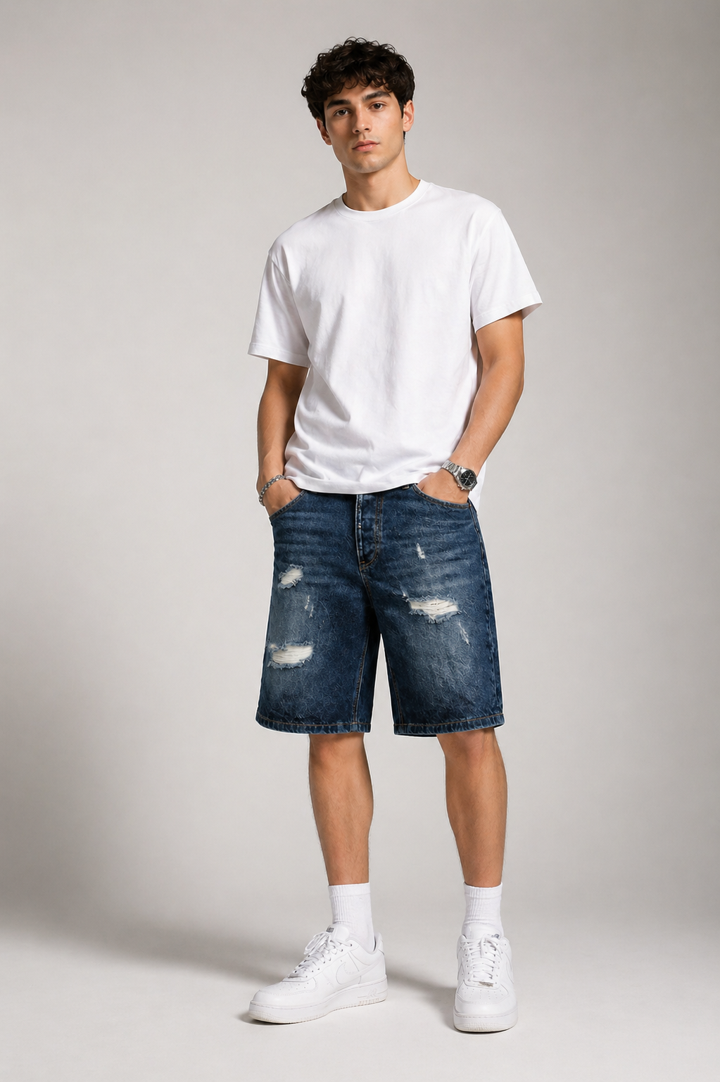 Short denim délavé et destroy SH100B Marine